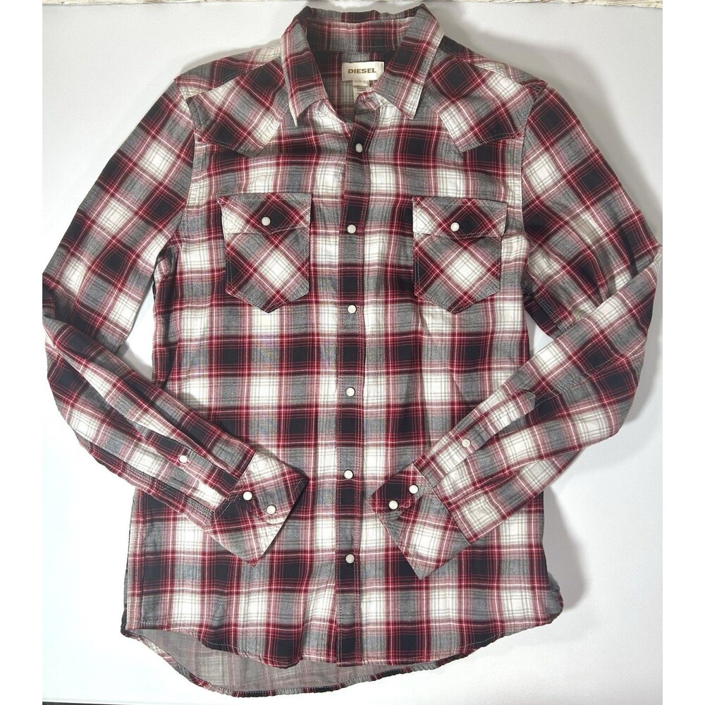 Diesel L Women’s Flannel Plaid Pearl Snap Red White Black